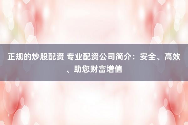 正规的炒股配资 专业配资公司简介:安全、高效、助您财富增值